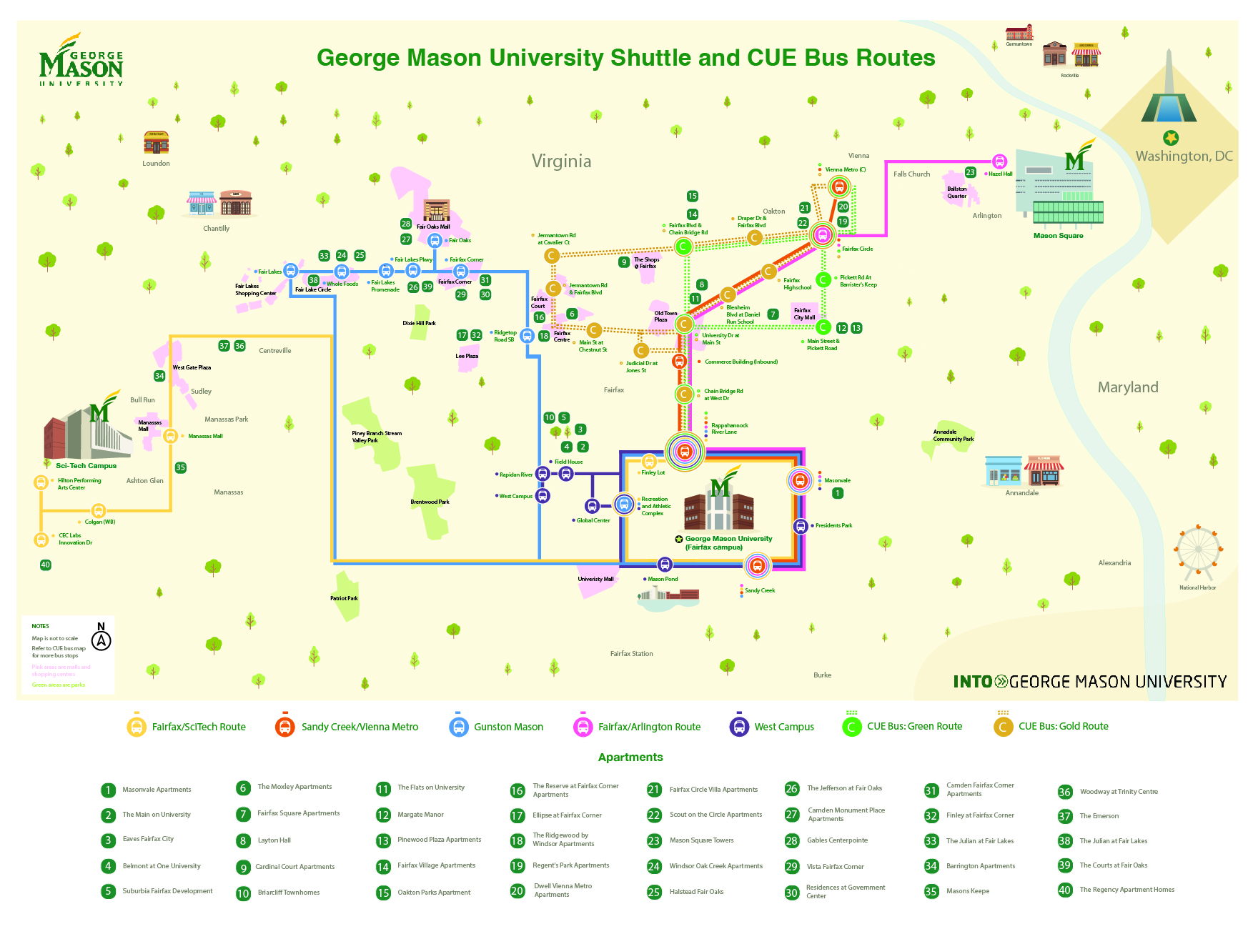 Mason shuttle and CUE bus routes with off-campus apartments